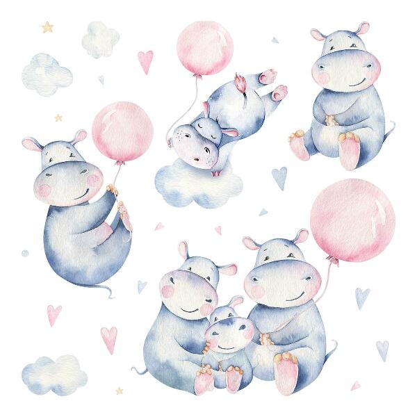 Wall sticker 60x102 Hippopotamus family with balloons and pastel clouds