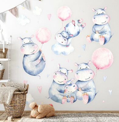 Wall sticker 60x102 Hippopotamus family with balloons and pastel clouds