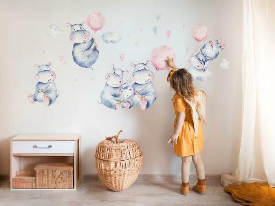 Wall sticker 60x102 Hippopotamus family with balloons and pastel clouds
