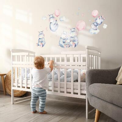 Wall sticker 60x102 Hippopotamus family with balloons and pastel clouds