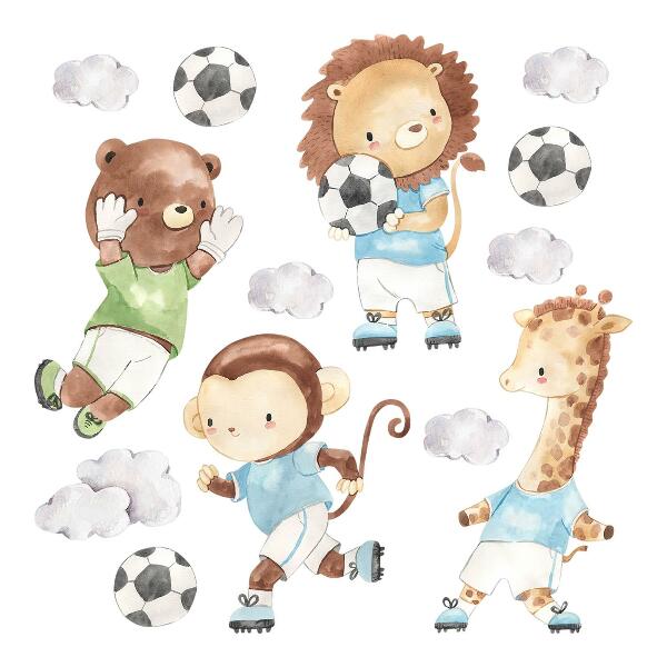 Wall sticker 60x87 Sports animals with ball in watercolor style