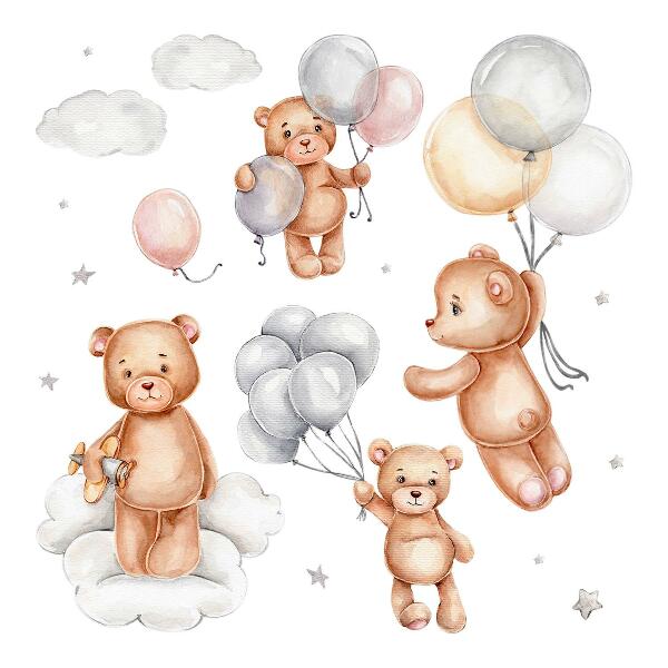 Wall sticker 60x90 Cute teddy bears with balloons in pastel clouds