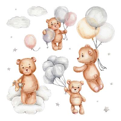 Wall sticker 60x90 Cute teddy bears with balloons in pastel clouds