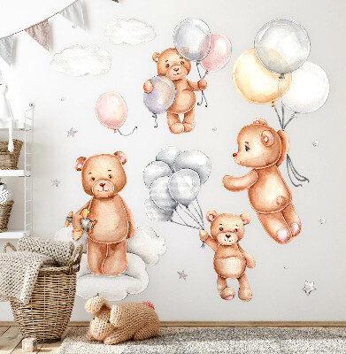 Wall sticker 60x90 Cute teddy bears with balloons in pastel clouds