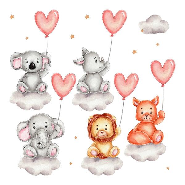 Wall sticker 60x90 Cute animals on clouds with pastel balloons