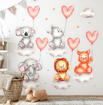 Wall sticker 60x90 Cute animals on clouds with pastel balloons