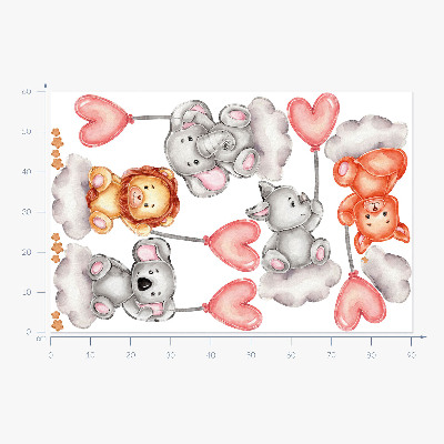 Wall sticker 60x90 Cute animals on clouds with pastel balloons