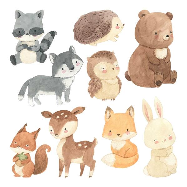 Wall sticker 60x104 Pastel forest creatures in a watercolor style