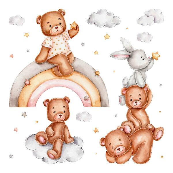 Wall sticker 60x87 Teddy bears and a rabbit in a pastel rainbow and clouds