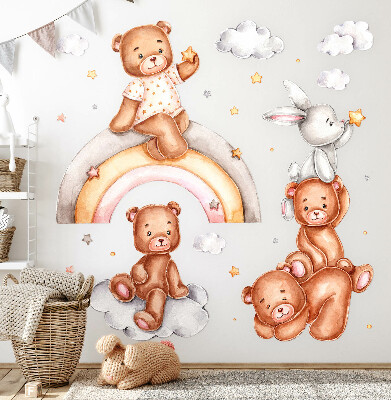Wall sticker 60x87 Teddy bears and a rabbit in a pastel rainbow and clouds