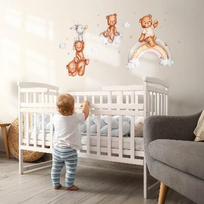 Wall sticker 60x87 Teddy bears and a rabbit in a pastel rainbow and clouds