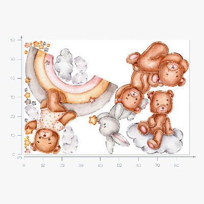 Wall sticker 60x87 Teddy bears and a rabbit in a pastel rainbow and clouds