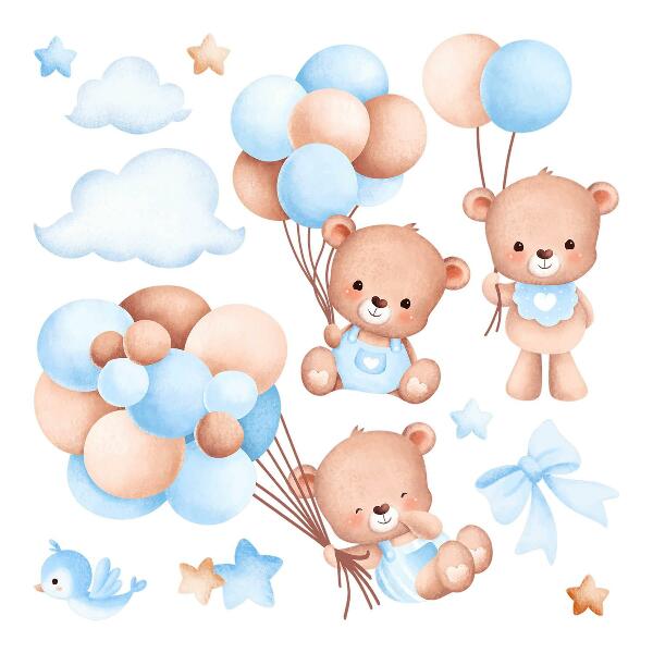 Wall sticker 60x104 Sweet teddy bears with balloons in pastel shades