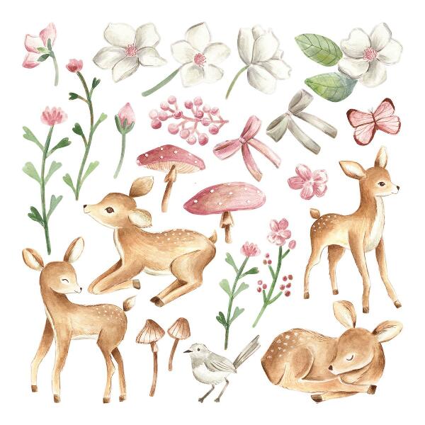 Wall sticker 60x89 Forest animals in pastel watercolor with deer patterns