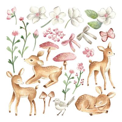 Wall sticker 60x89 Forest animals in pastel watercolor with deer patterns