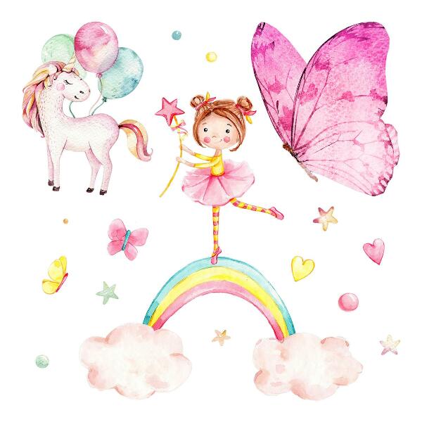Wall sticker 60x78 Pastel unicorn with balloons on a rainbow