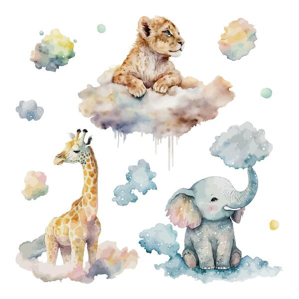 Wall sticker 60x96 Safari with painted wild animals in the clouds