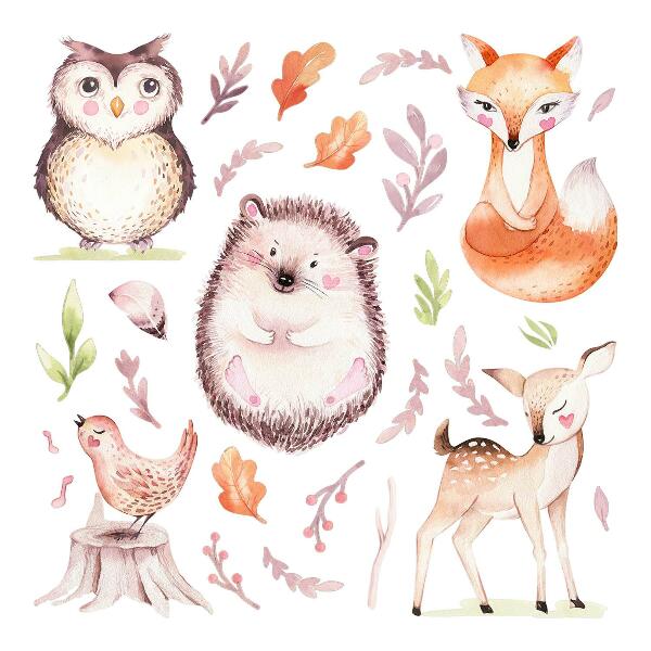 Wall sticker 60x71 Forest creatures in pastel watercolor