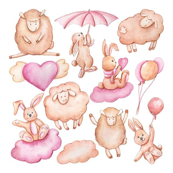 Wall sticker 60x96 Pastel clouds with sheep and rabbits