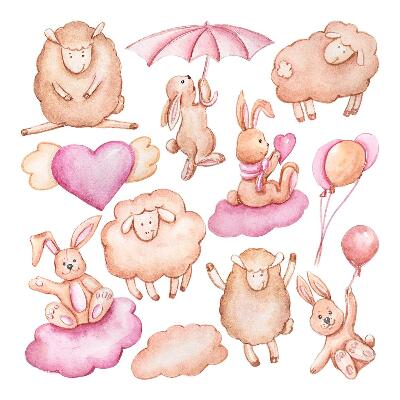 Wall sticker 60x96 Pastel clouds with sheep and rabbits