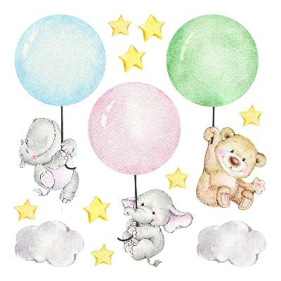 Wall sticker 60x84 Little animals with balloons in pastel colors