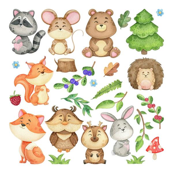 Wall sticker 60x64 Forest animals and plants in a watercolor style