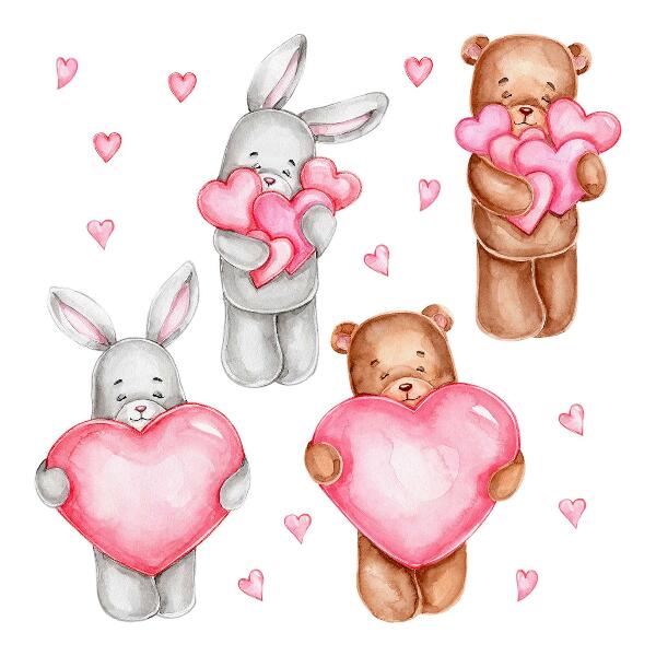 Wall sticker 60x101 Pastel watercolor with bowls and rabbits in hearts