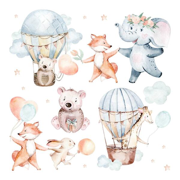 Wall sticker 60x105 Pastel creatures with balloons in watercolor clouds