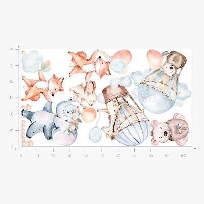 Wall sticker 60x105 Pastel creatures with balloons in watercolor clouds