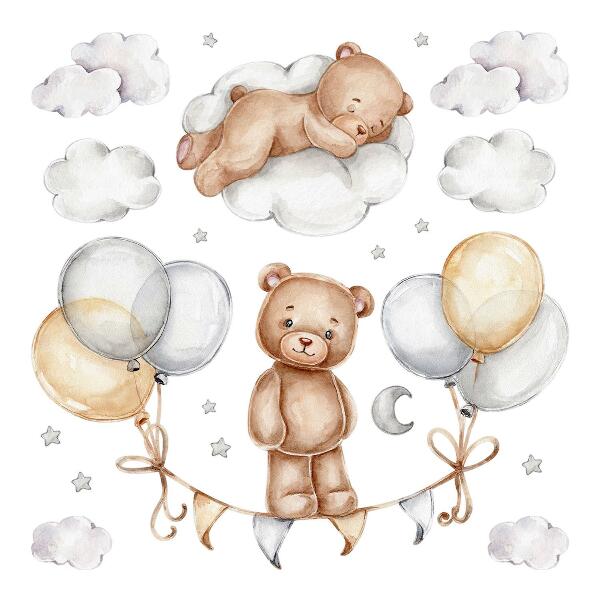 Wall sticker 60x80 Teddy bears in pastel balloons and clouds