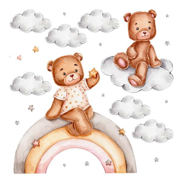Wall sticker 60x79 Cute teddy bears on a rainbow in pastel watercolor