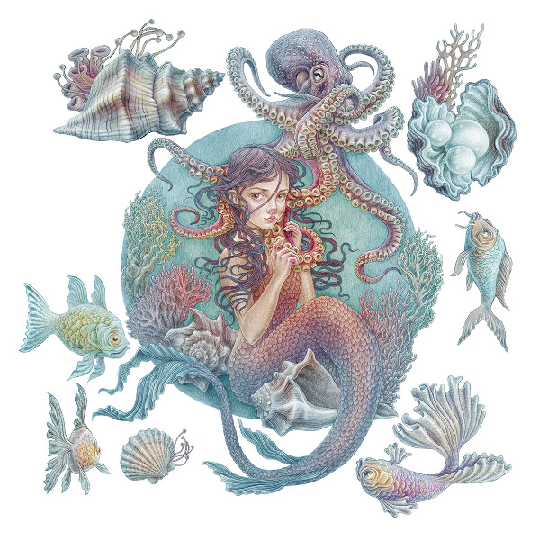 Wall sticker 60x67 Mermaid in pastel cartoon style