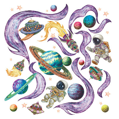 Wall sticker 60x103 Astronaut rockets against the background of planets in pastels