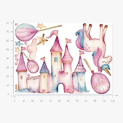 Wall sticker 80x110 Unicorn castle in pastel watercolor style