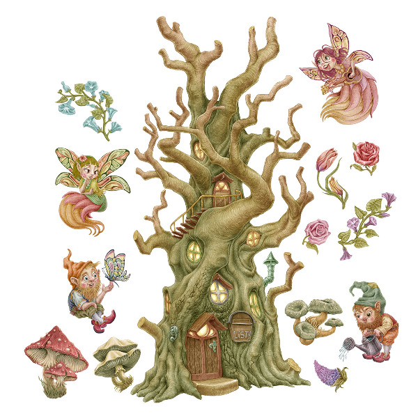 Wall sticker 80x106 Forest fairy fairy creatures and pastel cottage