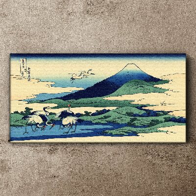 Cranes by a Mountain Canvas Wall art
