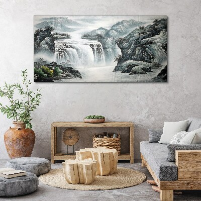 Mountain river waterfall bushes Canvas print