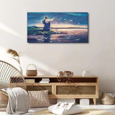 Jesus on the shore with birds Canvas print