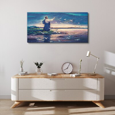 Jesus on the shore with birds Canvas print