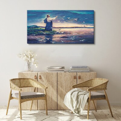Jesus on the shore with birds Canvas print