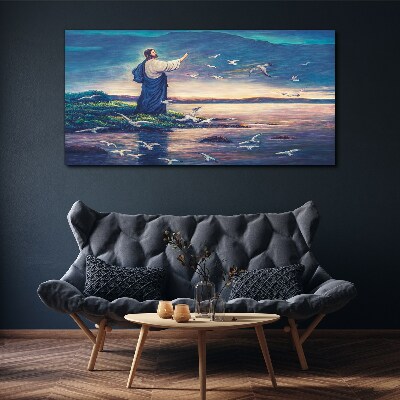 Jesus on the shore with birds Canvas print