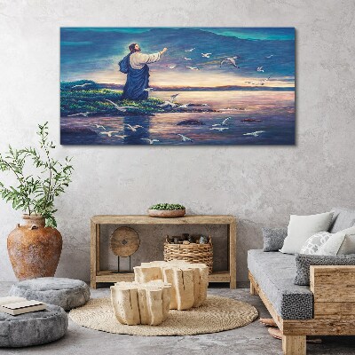 Jesus on the shore with birds Canvas print