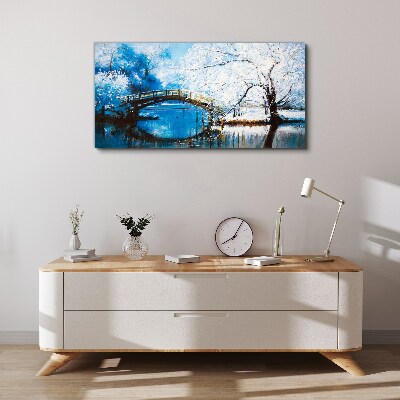 Winter tree river bridge Canvas print