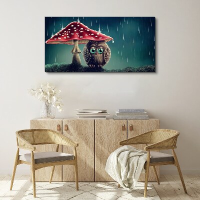 An Owl Under a Mushroom in the Rain Canvas print