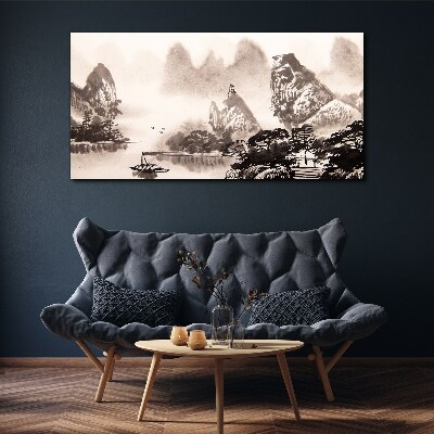 A peaceful mountain landscape in monochrome Canvas print