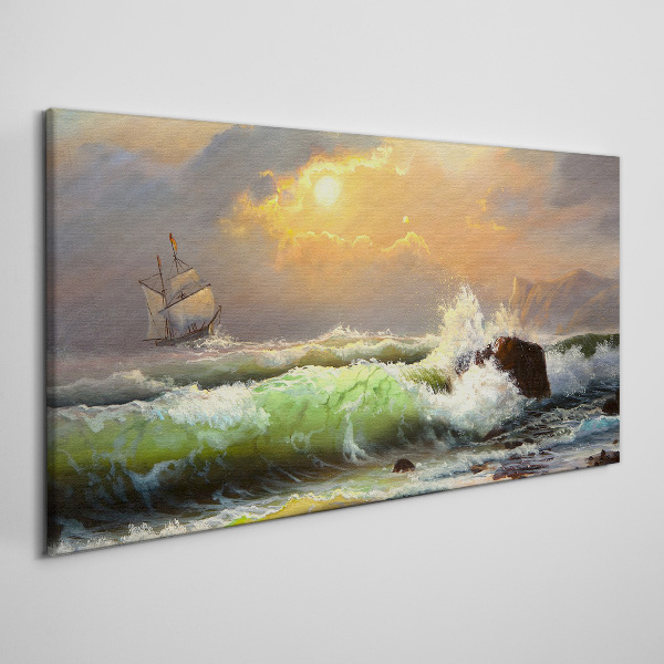 Stormy sea with a sailing ship Canvas print