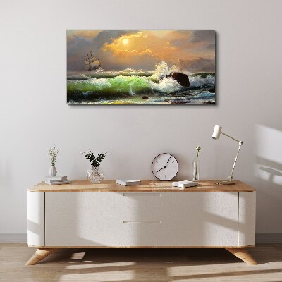 Stormy sea with a sailing ship Canvas print