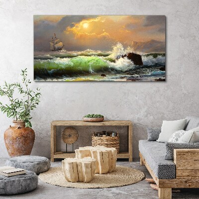 Stormy sea with a sailing ship Canvas print