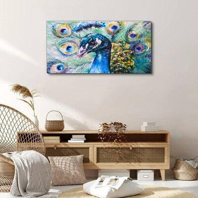 Colorful peacock among feathers Canvas print