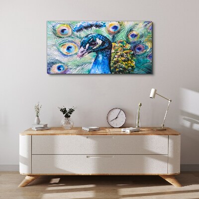 Colorful peacock among feathers Canvas print